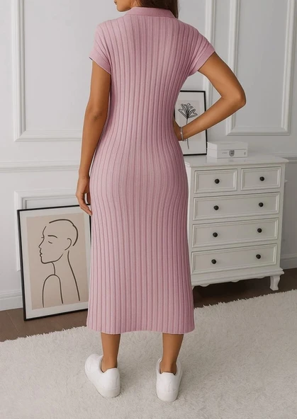 MDB Kadın Kısa Kollu Yakalı Yandan Yırtmaçlı Kalın Fitilli Kaşkorse Elbise - Resim 3