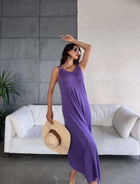 MDB Kadın çan Dokuma Kumaş V Yaka Asimetrik Kesim Elbise - Resim 4