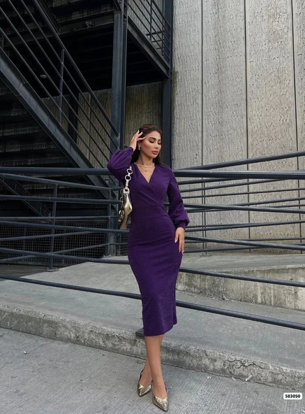 MDB Kadın Kruvaze Yaka Balon Kol imli Krep Kumaş idi Boy Elbise - Resim 3