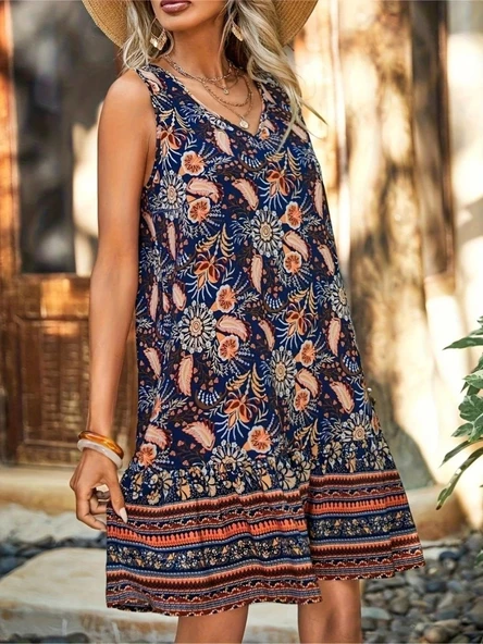 MDB Kadın Askılı V Yakalı Fırfırlı Desenli Süprem Kısa Elbise - Resim 8