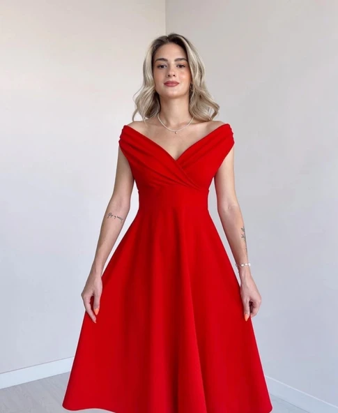 MDB Kadın Kısa Kollu Kruvaze Yaka Eteği Volanlı Krep Elbise - Resim 2