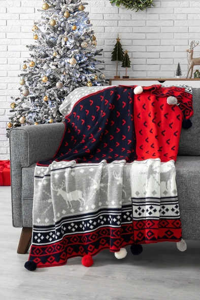 Yılbaşı Temalı Ponponlu Triko Örme Tv Battaniyesi, Yılbaşı Hediyesi, 130x170 cm ürün görseli