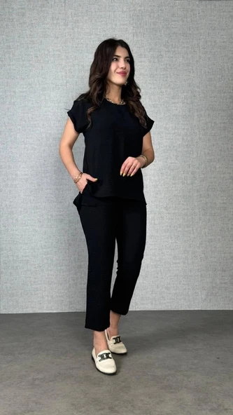 MDB Kadın Kısa Kollu Yuvarlak Yaka Aerobin Bluz Ve Pantolon Ikili Takım - Resim 4