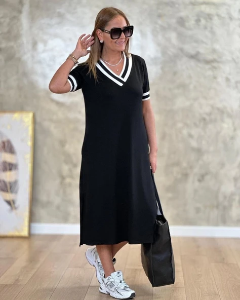 MDB Kadın Kısa Kollu V Yaka Kol Ve Yaka Ribana Detay Midi Boy Viskon Elbise - Resim 7