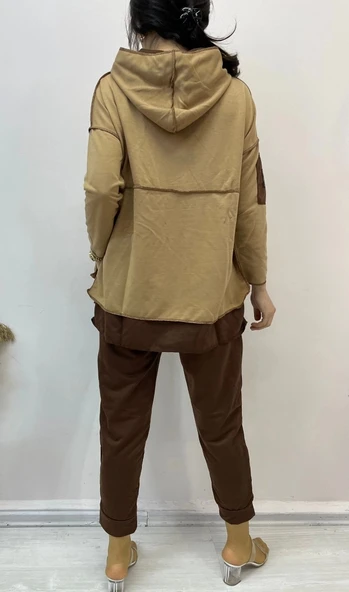 MDB Kadın Kahve Kapşonlu Etek Ucu Detay Arma Ters Dikiş Gorunumlu Ikili Takım - Resim 5