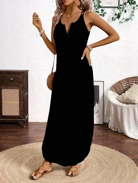 MDB Kadın Askılı Yuvarlak Yaka Asimetrik Detaylı Viskon Elbise - Resim 4