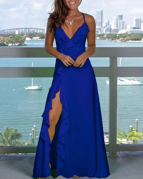 MDB Kadın Ip Askılı Dekolteli Yırtmaç Detay Krep Elbise ürün görseli 1