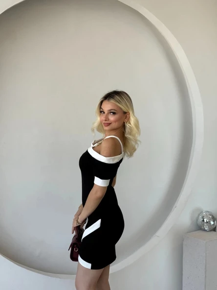 MDB Kadın Kısa Kollu Asimetrik Kesim Yaka şerit Ve Aksesuar Detaylı odal Elbise - Resim 8