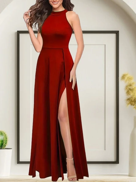 MDB Kadınhalter Yaka Derin Yırtmaç Detaylı Tam Boy Ithal Krep Abiye Elbise - Resim 3