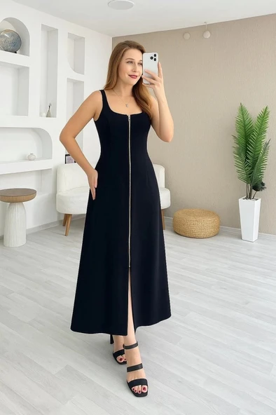 MDB Kadın Askılı Kare Yaka önden Fermuarlı Geniş Kesim Janjan Krep Elbise - Resim 4