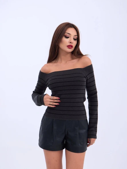 MDB 4206 TRİKO ÇİZGİLİ KAYIK YAKA CROPANTRASİTSİYAH - Resim 4