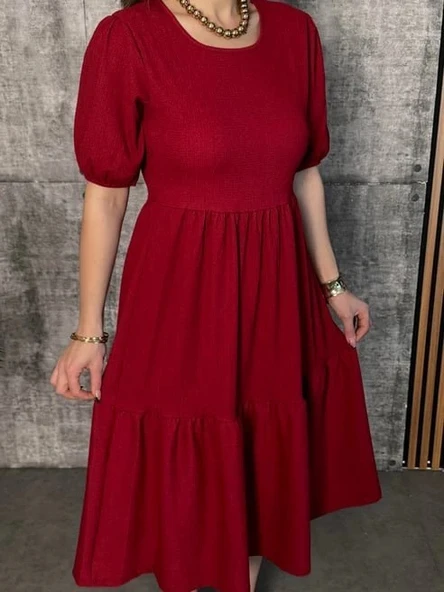 MDB Kadın Kısa Kollu Yakası Açık Katlı Bürümcük Balon Elbise - Resim 2