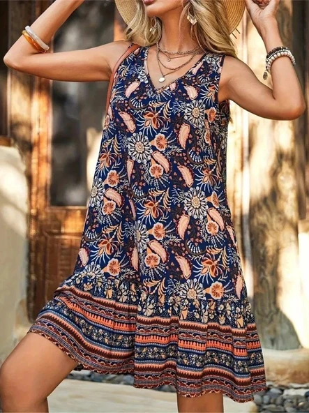 MDB Kadın Askılı V Yakalı Fırfırlı Desenli Süprem Kısa Elbise - Resim 4