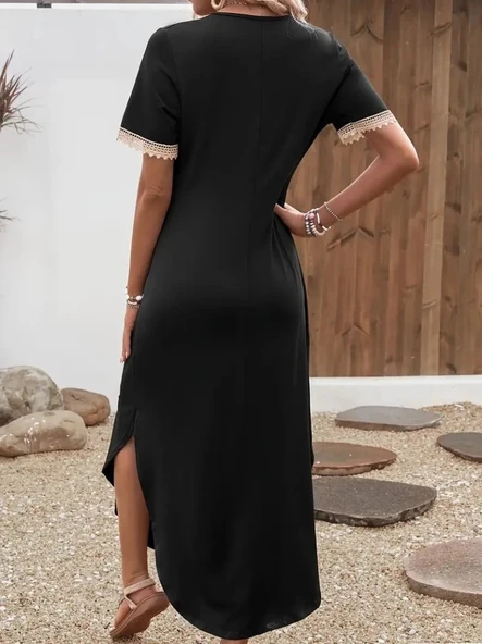 MDB Kadın Kısa Kollu Dantel V Yakalı Uzun Viskon Elbise - Resim 3