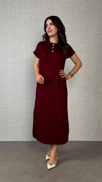 MDB Kadın Kısa Kollu Yakalı Yandan Yırtmaçlı Viskon Iki Iplik Elbise ürün görseli 1