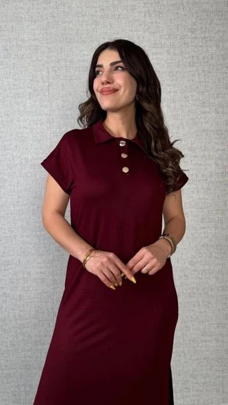 MDB Kadın Kısa Kollu Yakalı Yandan Yırtmaçlı Viskon Iki Iplik Elbise - Resim 2