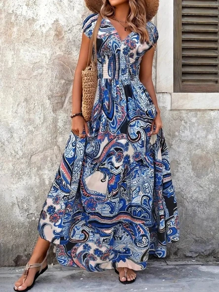 MDB Kadın Kısa Yarasa Kanat Kollu V Yakalı Beli Büzgülü Süprem Elbise - Resim 2