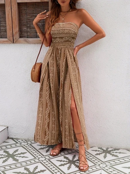 MDB Kadın Yakası Gipe Detaylı önden Yırtmaç Detaylı Desenli Süprem Pantolun Etek Tulum ürün görseli 1