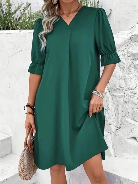 MDB Kadın Kısa Kollu V Yakalı Salaş Janjan Krep Elbise ürün görseli 1