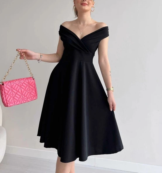 MDB Kadın Kısa Kollu Kruvaze Yaka Eteği Volanlı Krep Elbise - Resim 8