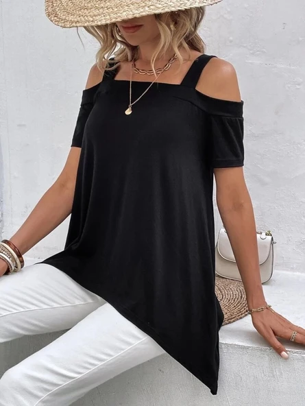 MDB Kadın Kısa Kollu Omuzlardan Açık Askılı Asimetrik Kesim Viskon Bluz - Resim 2