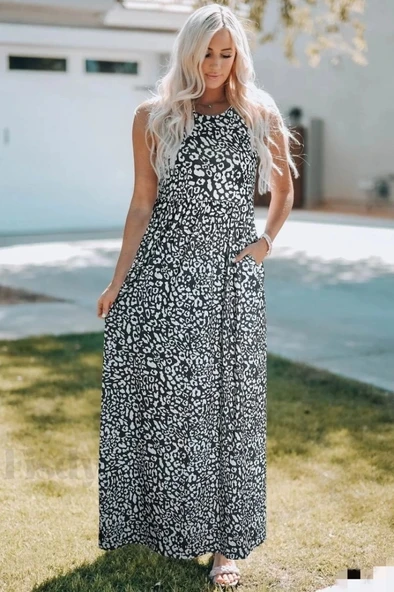 MDB Kadın Kalın Askılı Yuvarlak Yaka Cepli Süprem Maksi Elbise - Resim 6