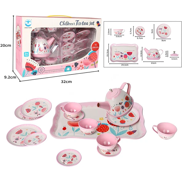 Vardem Oyuncak 15 Parça Çiçek Desenli Metal Çay Seti (Küçük Çocuklar Için Çay Partisi Seti)