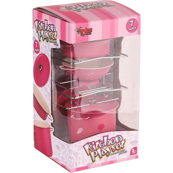 Vardem Oyuncak ATF-683G-6 Raflı Pembe Emaye Tencere Tava Seti 7 Parça -Vardem - 5