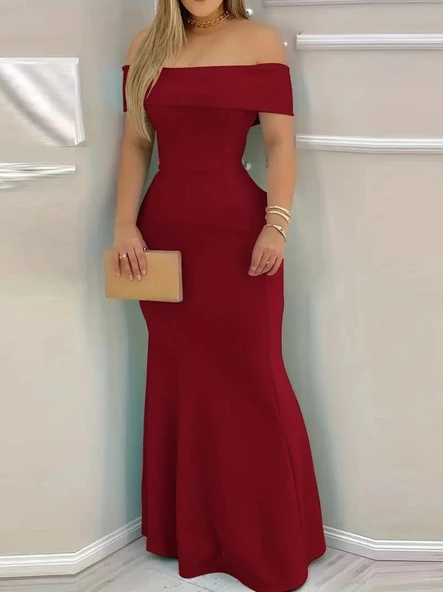 MDB Kadın Kısa Kollu Madonna Yaka Belden Oturtmalı Uzun Ithal Krep Elbise ürün görseli 1