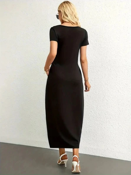 MDB Kadın Kısa Kollu Yakası Yuvarlak Cepli Viskon Elbise - Resim 4