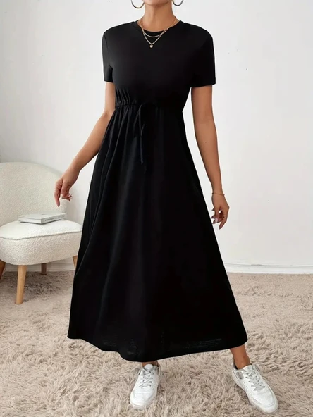 MDB Kadın Kısa Kollu Bisiklet Yaka Belden Bağcıklı Cepli Viskon Elbise ürün görseli 1