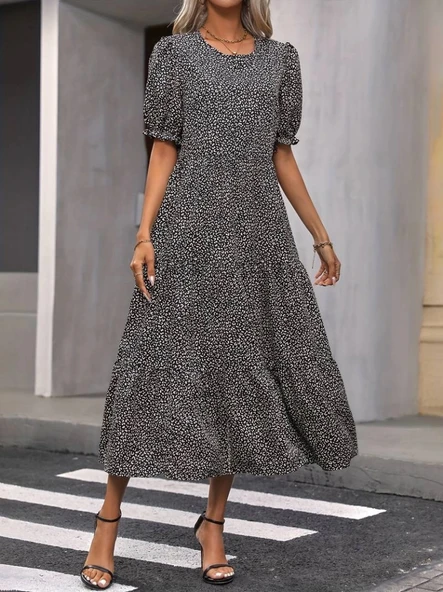 MDB Kadın Mini Leopar Desen Midi üç Kat Elbise - Resim 3