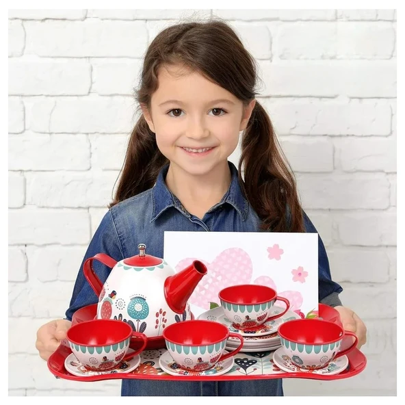 Vardem Oyuncak 15 Parça Çiçek Desenli Metal Çay Seti (Küçük Çocuklar Için Çay Partisi Seti) - 4