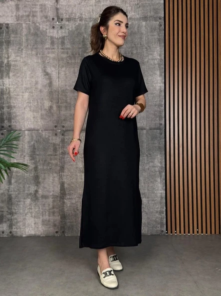 MDB Kadın Kısa Kollu Bisiklet Yaka Yırtmaçlı Viskon Iki Iplik Elbise ürün görseli 1