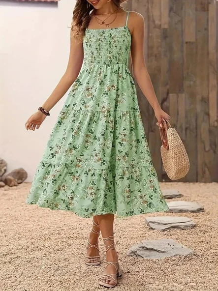 MDB Kadın Ip Askılı Geniş V Yakalı Desenli Uzun Süprem Elbise - Resim 2