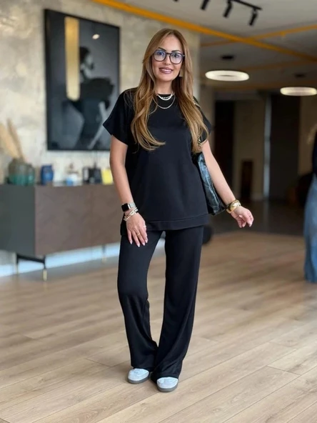 MDB Kadın Kısa Kollu Bisiklet Yaka Viskon Iki Iplik Bluz Ve Pantolon Ikili Takım - Resim 5