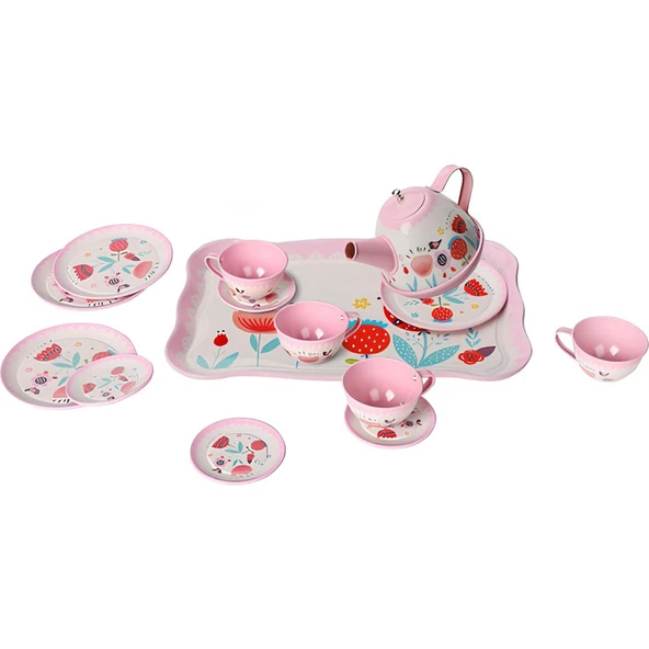 Vardem Oyuncak 15 Parça Çiçek Desenli Metal Çay Seti (Küçük Çocuklar Için Çay Partisi Seti) - 3