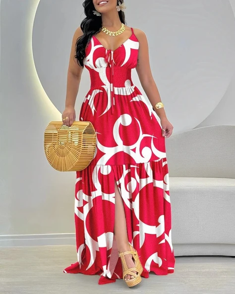 MDB Kadın Ip Askılı Dekolteli Bağcıklı Yırtmaçlı Desenli Süprem Elbise ürün görseli 1