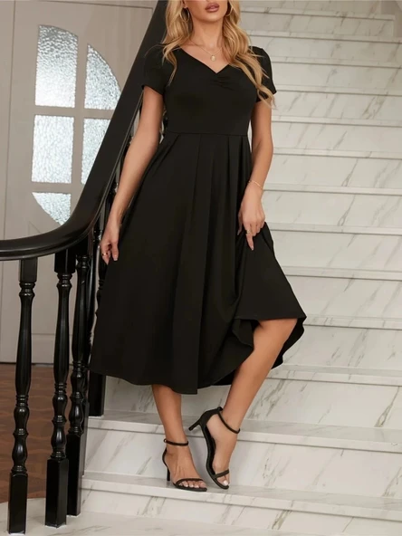 MDB Kadın Kısa Kollu V Yakalı önden Pileli Midi Janjan Krep Elbise - Resim 4