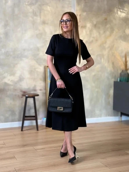 MDB Kadın Kısa Kollu Bisiklet Yaka Midi Viskon Iki Iplik Elbise - Resim 6