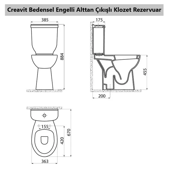 Creavit Bedensel Engelli Alttan Çıkışlı Klozet + Rezervuar + İç Takım + Çınar Yavaş Kapanan Kapak 4 'lü Set - 4