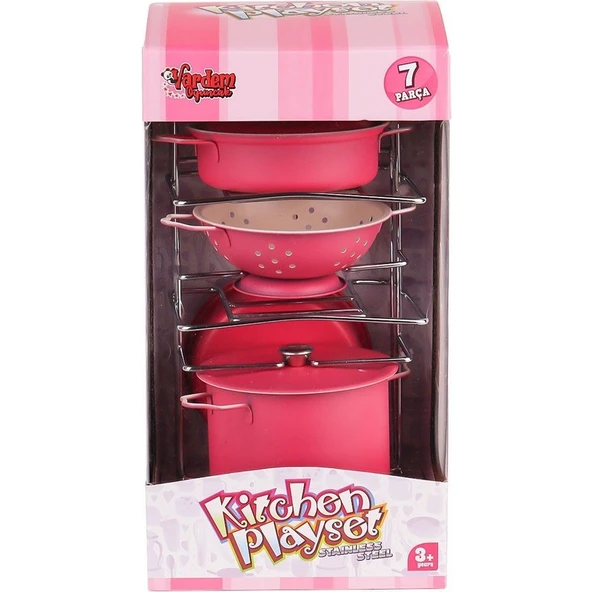 Vardem Oyuncak ATF-683G-6 Raflı Pembe Emaye Tencere Tava Seti 7 Parça -Vardem - 6