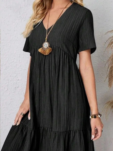 MDB Kadın Kısa Kollu V Yakalı Fırfırlı Bürümcük Elbise - Resim 2