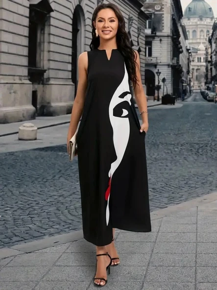 MDB Kadın Sıfır Kol V Yakalı Kadın Yüz Desenli Süprem Elbise - Resim 3