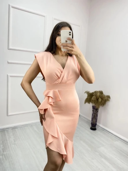 MDB cuba Kumaş Önü Fırfırlı Midi Boy Elbise - Resim 7