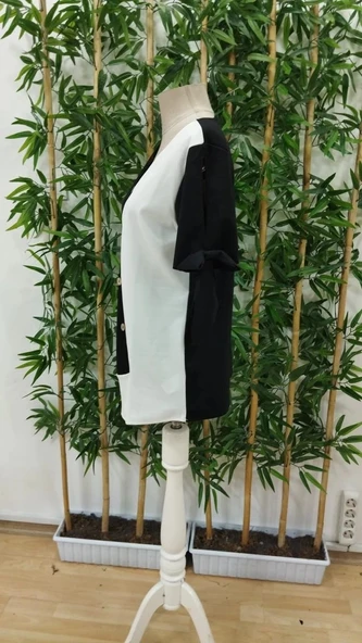 MDB Kadın Kısa Kollu Kollardan Bağlamalı önden Asimetrik Kesim çift Renk Detaylı Düğmeli Ithal Krep Bluz - Resim 8