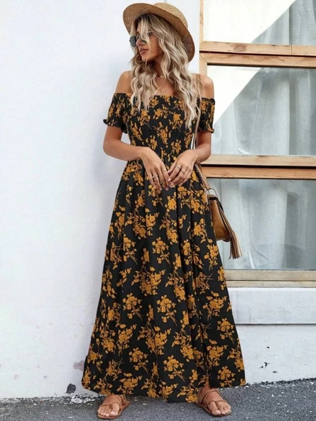 MDB Kadın Kısa Kollu Madonna Yaka Yırtmaçlı çiçek Desenli Süprem Elbise - Resim 3