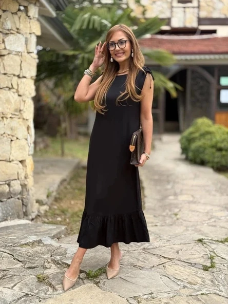 MDB Kadın Omuzlardan Büzgülü Kayık Yaka Fırfırlı Janjan Krep Elbise - Resim 6