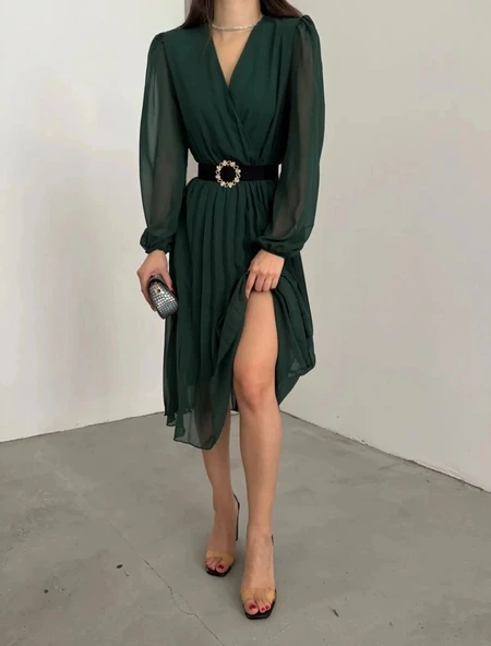 MDB Kadın şifon Kumaş Astalı Kloş Kesim Kruvaze Yaka idi Boy Elbise - Resim 4