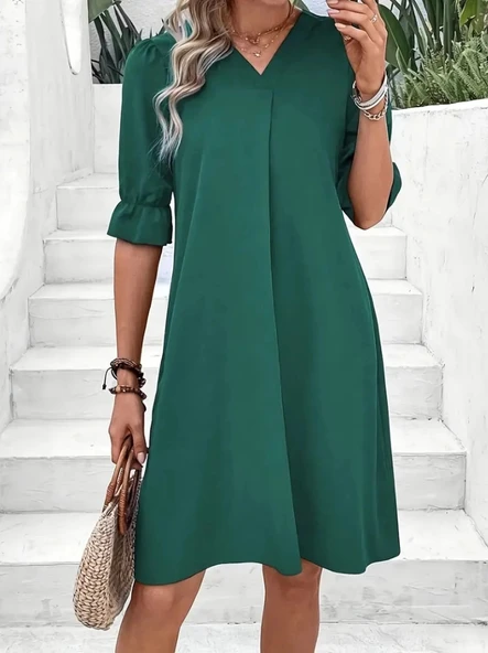 MDB Kadın Kısa Kollu V Yakalı Salaş Janjan Krep Elbise - Resim 5